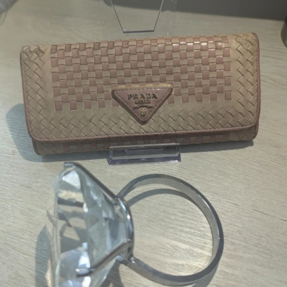 Prada Madras Woven Leather Continental Wallet in Blush Pink With COA